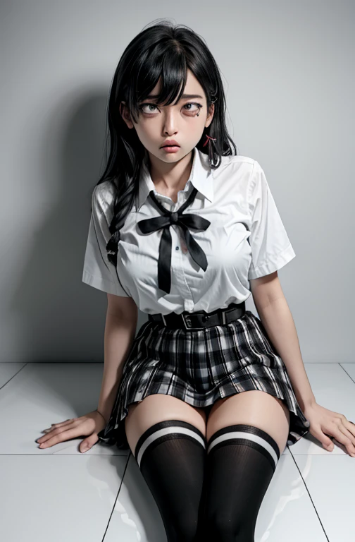 1 girl as yukino yukinoshita, absurdres, highres, solo, school uniform, big breasts, waist long black hair, (twintails:0.5), miniskirt, black thighhigh socks, loose red ribbon, unbuttoned white shirt, ahegao, (rolling eyes:1.5)