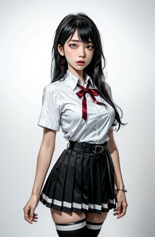 1 girl as yukino yukinoshita, absurdres, highres, solo, school uniform, big breasts, waist long black hair, (twintails:0.5), miniskirt, black thighhigh socks, loose red ribbon, unbuttoned white shirt, (ahegao:1.2), (rolling eyes:1.2)