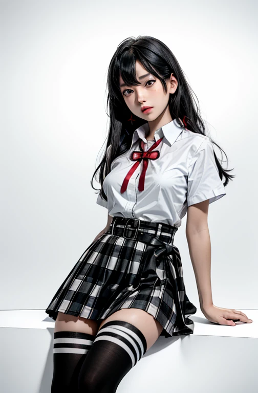 1 girl as yukino yukinoshita, absurdres, highres, solo, school uniform, big breasts, waist long black hair, (twintails:0.5), miniskirt, black thighhigh socks, loose red ribbon, unbuttoned white shirt, (ahegao:1.2), (rolling eyes:1.2)