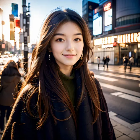 Photorealsitic, 8k full-length portraits, Beautuful Women, A charming expression, sixteen years old, TOKYOcty, Winters, Shibuya in the background