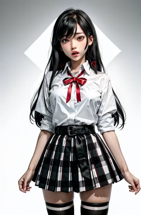 1 girl as yukino yukinoshita, absurdres, highres, solo, school uniform, big breasts, waist long black hair, (twintails:0.5), miniskirt, black thighhigh socks, loose red ribbon, unbuttoned white shirt, (ahegao:1.2), (rolling eyes:1.2), legs wide open