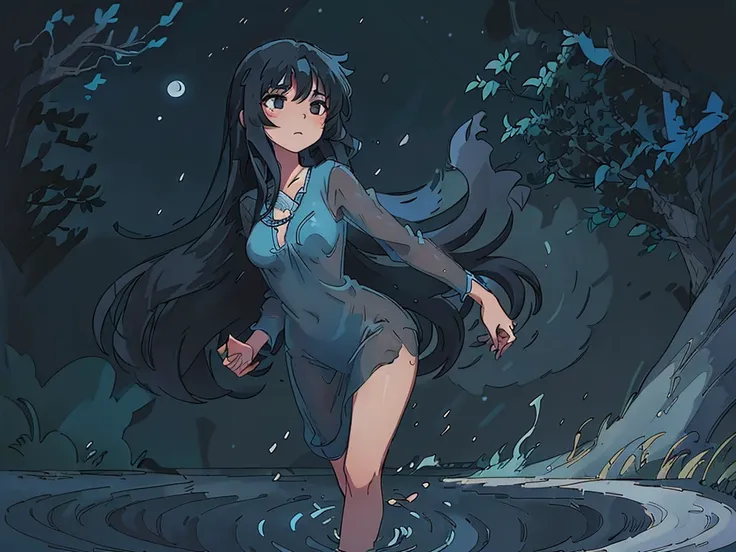 ((perfect asian girl)) ((very long blue-black hair)) full body, dancing on the surface of a moonlit lake in the forest, wearing only a thin see-through nightgown