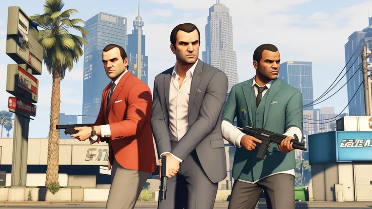 a close up of three men in suits holding guns in a city, as the protagonist of gta 5, realistic