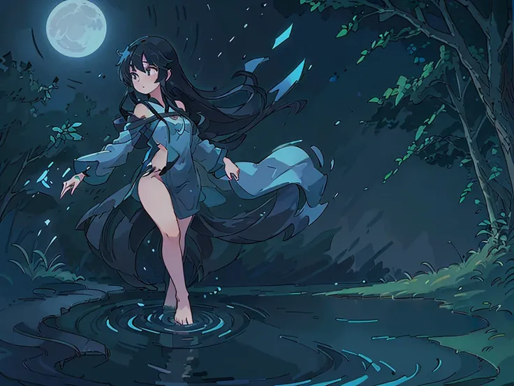 ((perfect asian girl)) ((very long blue-black hair)) full body, dancing on the surface of a moonlit lake in the forest, wearing only a thin see-through nightgown (big moon) (looks almost naked)