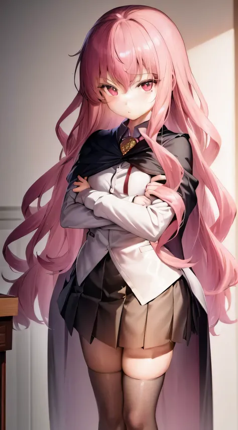 Masterpiece, best quality, extremely detailed wallpaper CG unity 8k, 1girl, Louise Francoise le Blanc de la Vallière, school, upper body, portrait, crossed arms, black stockings, black skirt, cape, glitter, highlights, long hair, looking at viewer, arms cr...