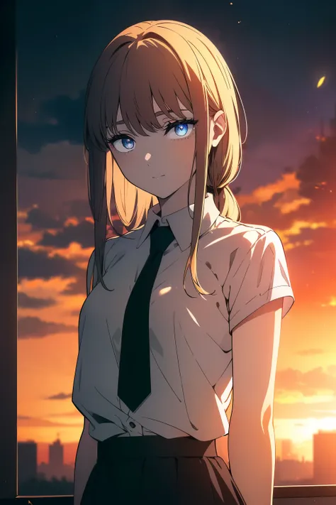 (((Obra maestra, La mejor calidad, ultrahigh resolution))), 1girl, standing, school uniform, white office shirt, black pleated skirt, ((light brown hair:0.7)), long hair cut, pale skin, ((blue eyes)), glowing_eyes, neon eyes, (((ultra detailed eyes, beauti...