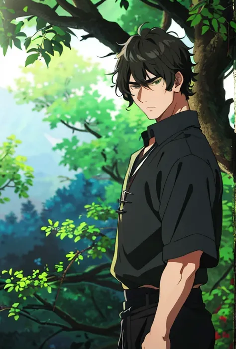 Masterpiece , solo , 1MALE , young male , short black hair , curly bangs , mullet hairstyle , dark green eyes , eye bags  , serious expression , plain black shirt , black gloves , religious , dark forest background , praying , surrounded by branches and th...