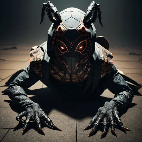 An arachnid creature with 4 arms and a protective turtle-like shell covered in dark fabric decorated with masks. The creature covering its humanoid face with a mask and crawling across the floor