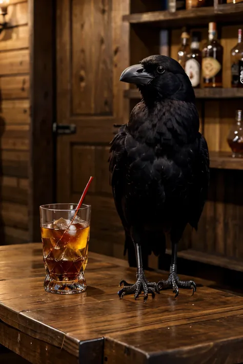 A crow holding a cherry by the stem, standing on a wood table, next to a drink of whiskey with ice in it