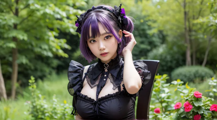 1girl, purple hair, gothic maid outfit with black collar, blushing face, big breasts