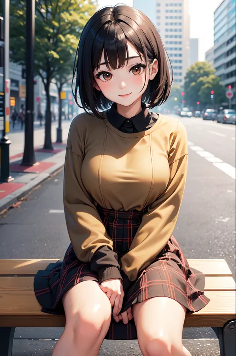 masterpiece, 1_girl, av idol. 25-years-old Korean girl. slender and medium breast. brown eyes. short black hair and bangs in the front. Wearing Plaid Pattern Splicing Dress, Elegant Crew Neck Long Sleeve, walking in the street in a hazy afternoon, blurry b...