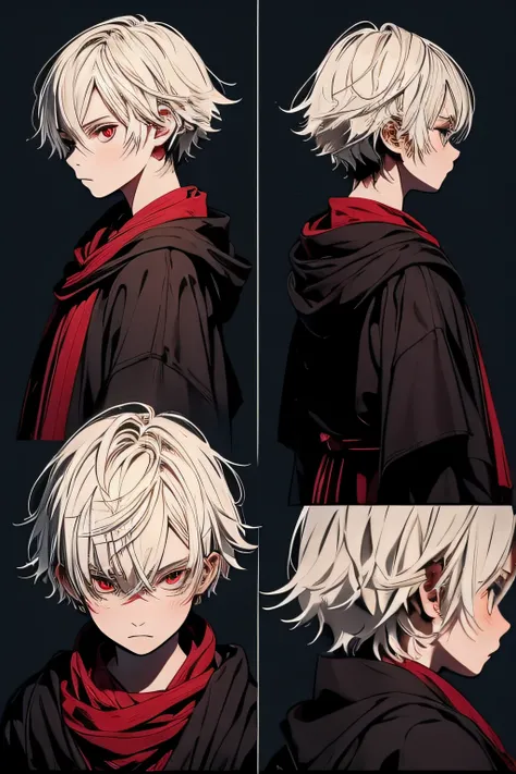 Detailed, masterpiece, best quality) detailed, character sheet ,A 6 years old boy, with white hair and red eyes, tanned skin, short messy hair, wearing dark robes, kentaro miura art style, vagabond art style, close up, determined, strong gaze ,good posture...