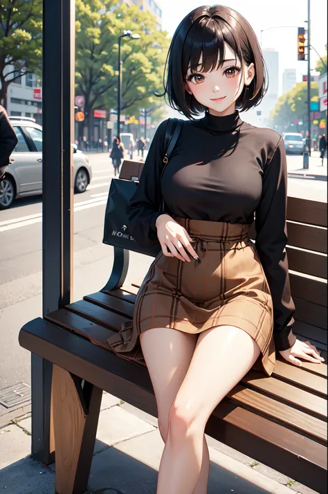 masterpiece, 1_girl, av idol. 25-years-old Korean girl. slender and medium breast. brown eyes. short black hair and bangs in the front. Wearing Plaid Pattern Splicing Dress, Elegant Crew Neck Long Sleeve, walking in the street in a hazy afternoon, blurry b...