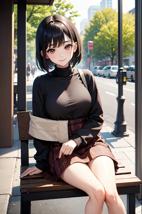 masterpiece, 1_girl, av idol. 25-years-old Korean girl. slender and medium breast. brown eyes. short black hair and bangs in the front. Wearing Plaid Pattern Splicing Dress, Elegant Crew Neck Long Sleeve, walking in the street in a hazy afternoon, blurry b...