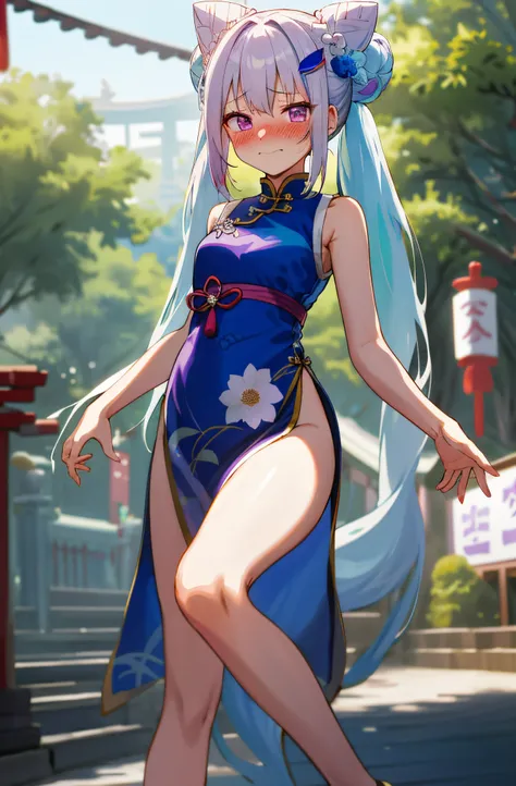 One girl with long twintail bun hair, white hair, blue inner hair, purple eyes, looking at viewer, blushing, embarrassed, little smile, (embarrassed:1.2), chinese dress, flower pattern, sleeveless, outdoor, festival, temple, slim, dizzy, mid-chest, wide hi...