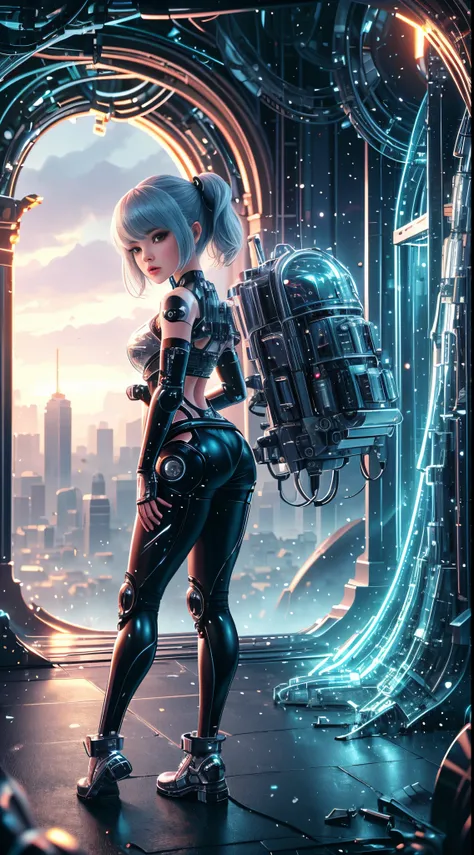 Mechanical girl，Futuristic girl，Mechanical jointuture city background