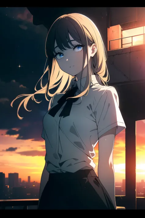 (((Obra maestra, La mejor calidad, ultrahigh resolution))), 1girl, standing, school uniform, white office shirt, black pleated skirt, ((light brown hair:0.7)), long hair cut, pale skin, ((blue eyes)), glowing_eyes, neon eyes, (((ultra detailed eyes, beauti...