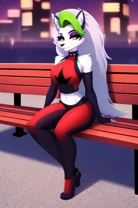 best quality, (masterpiece:1.1), roxanne fusion loona, solo, furry female, body fur, makeup, sexy clothes, super detailed, high detail eyes, perfect proportion, bench, city