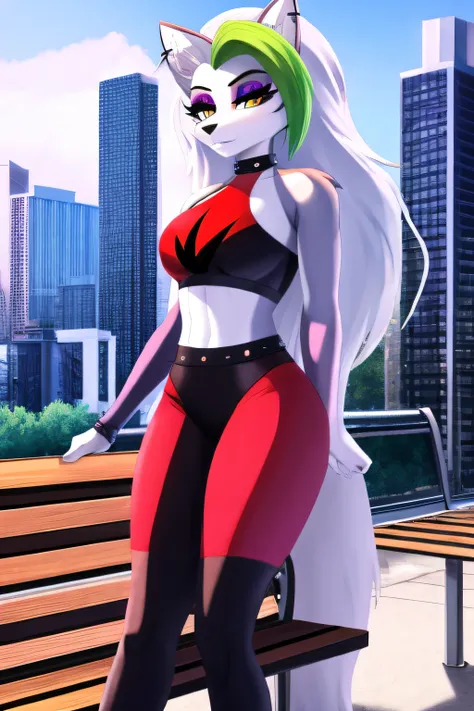 best quality, (masterpiece:1.1), roxanne fusion loona, solo, furry female, body fur, makeup, sexy clothes, super detailed, high detail eyes, perfect proportion, bench, city