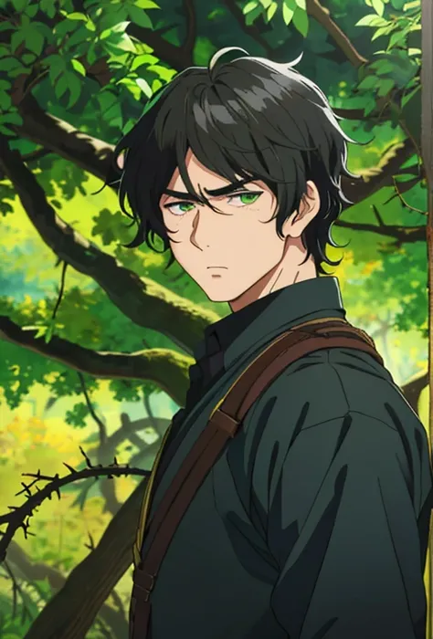 Masterpiece , solo , 1MALE , young male , medium length black hair , curly bangs , mullet hairstyle , dark green eyes , eye bags  , serious expression , plain black shirt , black gloves , religious , dark forest background , surrounded by branches and thor...