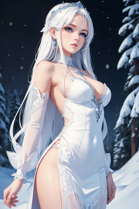 (8k resolution), solo, (4k HD), (masterpiece:1.4), (detailed background), detailed face and eyes, white long hair, snow princess, sexy body, sexy moderna dress, ice accessory, in love looking, detailed skin.