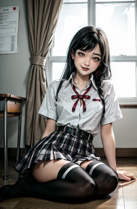 1 girl as yukino yukinoshita, absurdres, highres, solo, school uniform, big breasts, waist long black hair, (twintails:0.5), miniskirt, black thighhigh socks, loose red ribbon, unbuttoned white shirt, (ahegao:1.2), (rolling eyes:1.2), spread legs, flirtati...