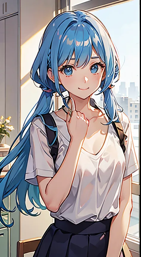 Best Quality,masutepiece,chest roll up clothes,Clothes Pulling，tiny chest、 (Nipples),(lightblue hair)，NSFW,A smile， No bra, pleatedskirt，look down on, Upper body，Classroom Uniform Shirt Roll Up Shirt Sweater Uniform High Resolution，look down on, Upper body...