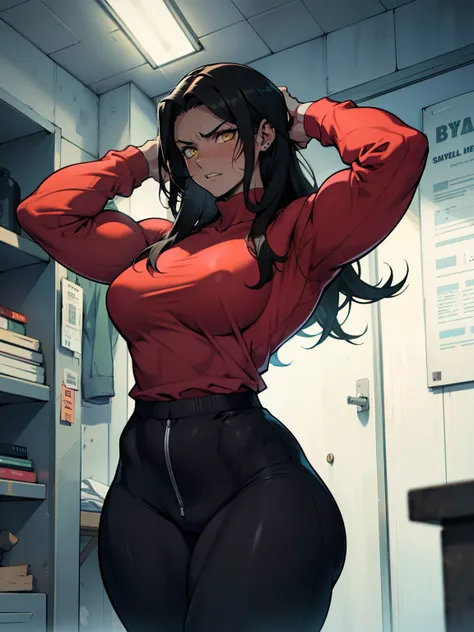 1girl solo black hair yellow eyes very long hair pale skin muscular muscular muscular muscular toned body huge muscles thick thighs girl tight clothes angry blushing tight shirt long sleeves thick thick thick