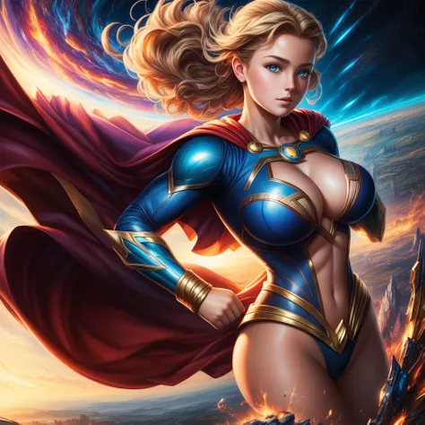 (Best Quality, masterpiece, ultra-detailer, 16K resolution, extremely detailed), Abstract expressionist painting "Hyperion", Young Supergirl, gigantic breasts, large breasts, tarot card, Digital Painting, character concept art portrait, catastrophe, fishey...