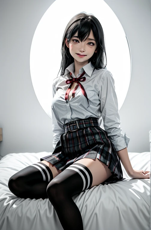 1 girl as yukino yukinoshita, absurdres, highres, solo, school uniform, big breasts, waist long black hair, (twintails:0.5), miniskirt, black thighhigh socks, loose red ribbon, unbuttoned white shirt, (ahegao:1.2), (rolling eyes:1.2), spread legs, while sm...