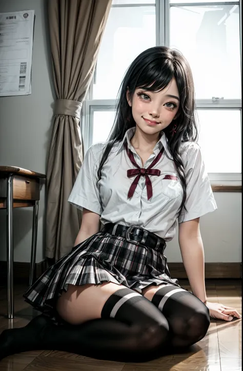 1 girl as yukino yukinoshita, absurdres, highres, solo, school uniform, big breasts, waist long black hair, (twintails:0.5), miniskirt, black thighhigh socks, loose red ribbon, unbuttoned white shirt, (ahegao:1.2), (rolling eyes:1.2), spread legs, flirtati...