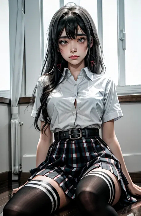 1 girl as yukino yukinoshita, absurdres, highres, solo, school uniform, big breasts, waist long black hair, (twintails:0.5), miniskirt, black thighhigh socks, loose red ribbon, unbuttoned white shirt, (ahegao:1.2), (rolling eyes:1.2), spread legs, orgasmin...