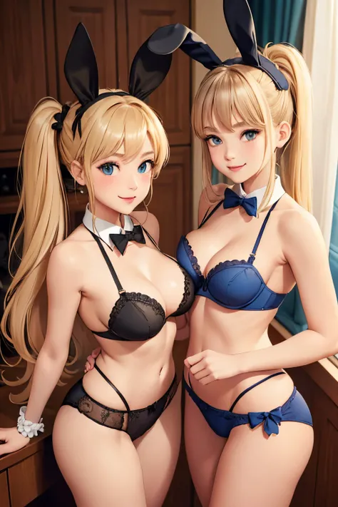 (Row 2 women on the same plan), (head to knees), (next to each other), (body facing viewer:1.2), (navel pointing towards viewer), long blonde hair, brown eyes, rabbit ears, (huge tits), (twins), wrist scrunchie, scrunchie, indoors, blush, bangs, bow, playb...