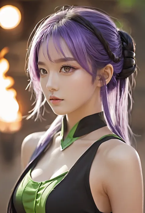 (火焰/butterflys/Loim，dynamic scene:1.3)，martina,a purple eye, Purple colored hair, Very long hair, pony tails, Hair rings, Green collar, O-ring top, vests, Sleeveless, Waist shawl, Black  shorts, green belt, boots,fcPortrait