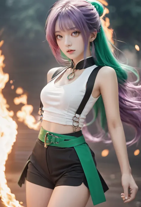 (火焰/butterflys/Loim，dynamic scene:1.3)，martina,a purple eye, Purple colored hair, Very long hair, pony tails, Hair rings, Green collar, O-ring top, vests, Sleeveless, Waist shawl, Black  shorts, green belt, boots,fcPortrait