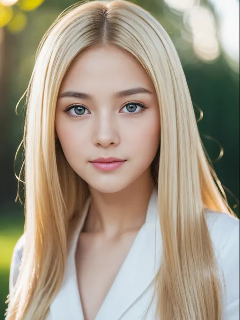 Raw photography、(((Portrait of extreme beauty)))、((beautiful shiny white skin))、女の子1人、a baby face、Small face beauty、14 year old cute beautiful girl、((shiny bright blonde hair))、Cute clothes、Hair hanging on the face、[attractive whitish white light blue eyes...