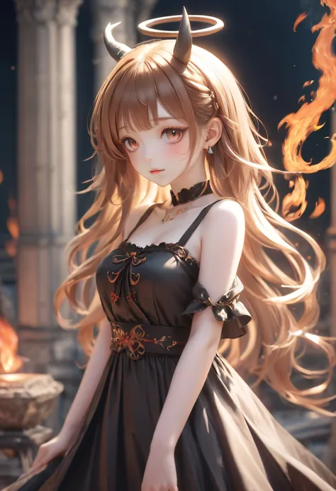 (火焰/butterflys/Loim，dynamic scene:1.3)，Anime girl with horns and skulls on her clothes, ((Light brown hair))(loli in dress, gothic maiden anime girl, Cute anime waifu wearing nice clothes, Anime cute art style, Anime girl in black dress, nightcore, (Anime ...