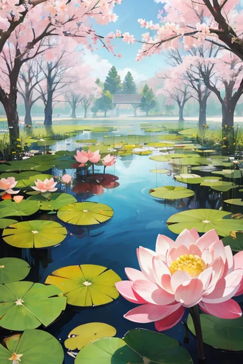 a lotus pond in the peach blossom forest