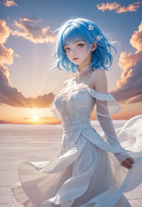 (火焰/butterflys/Loim，dynamic scene:1.3)，Ridiculous resources, A high resolution, (offcial art, Beautiful and beautiful:1.2), (Near vision:1.15), (1 busty girl, Blue hair, Medium hair, eBlue eyes, Eyes are bright, a white long skirt, Blue ruffles,:1.2) blue-...