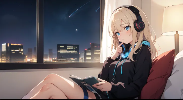 a girl with light blue eyes listening to music with headphones sitting in her room, night many stars in the sky, Anime 2D, Anime Ultra 4K