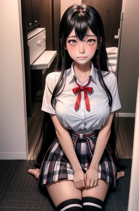 1 girl as yukino yukinoshita, absurdres, highres, solo, school uniform, big breasts, waist long black hair, (twintails:0.5), miniskirt, black thighhigh socks, loose red ribbon, unbuttoned white shirt, (ahegao:1.2), (rolling eyes:1.2), pov_doorway blush, lo...