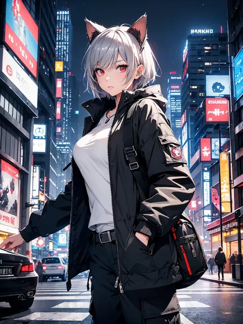 Female Solo、Silver short hair、large full breasts、Slender eyes、Red Eyes、Cats ears、parka、Cargo pants、rucksack、a belt、Manhattan skyline、cyberpunked、Active Pose、Parkour、hightquality、high-detail、8K picture quality、Night background、spot light、concept-art、​master...