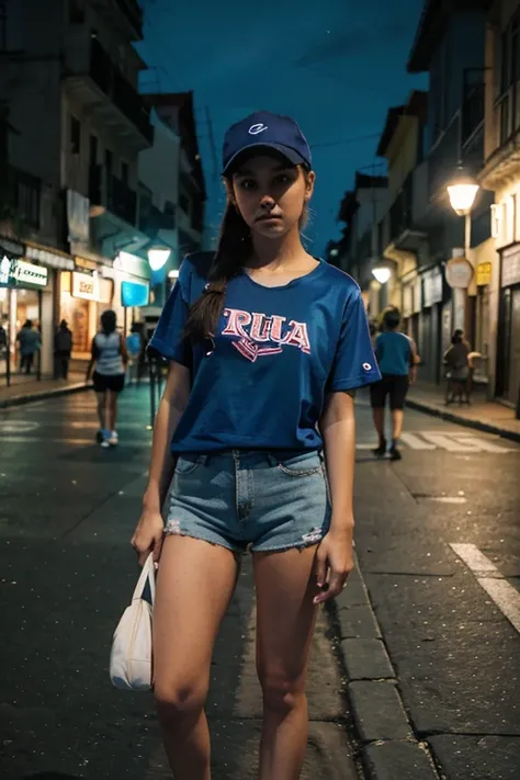 garota, camiseta branca, short, meia alta, tenis azul, rua, noite, cidade, neon, realista, hd.