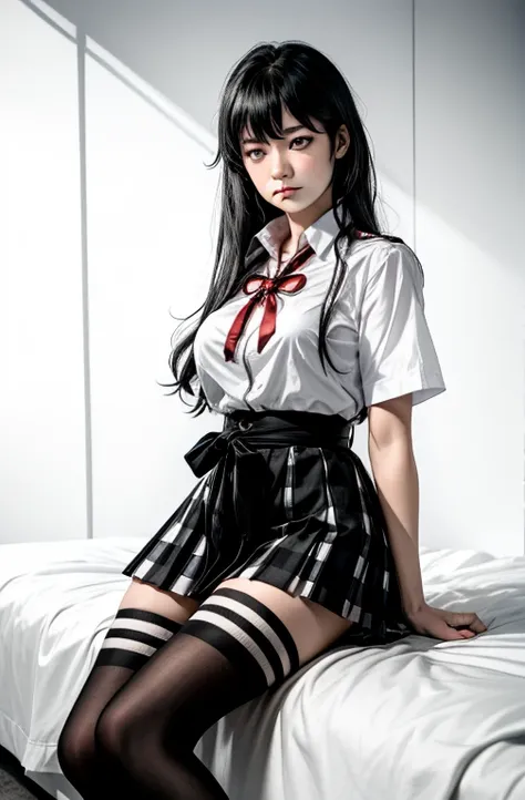 1 girl as yukino yukinoshita, absurdres, highres, solo, school uniform, big breasts, waist long black hair, (twintails:0.5), miniskirt, black thighhigh socks, loose red ribbon, unbuttoned white shirt, (ahegao:1.2), (rolling eyes:1.2), spread legs, (orgasmi...