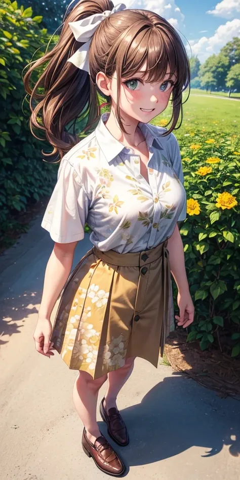 1girl, solo, full body, summer, village, trees, sun, clouds, ((brown hair)), ponytail, large breasts, button down, green eyes, ((floral pattern white shirt)), ((unbuttoned shirt)), ((short sleeved shirt)), skirt, brown shoes, ((loose collar)), grin, lookin...