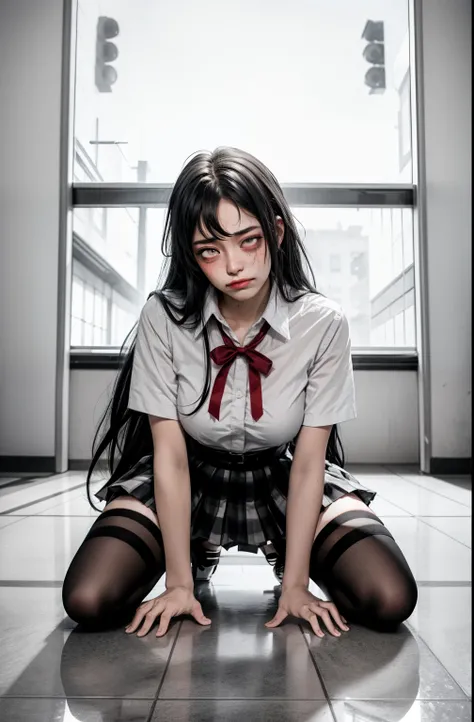 1 girl as yukino yukinoshita, absurdres, highres, solo, school uniform, big breasts, waist long black hair, (twintails:0.5), miniskirt, black thighhigh socks, loose red ribbon, unbuttoned white shirt, (ahegao:1.5), (rolling eyes:1.5), spread legs, (orgasmi...