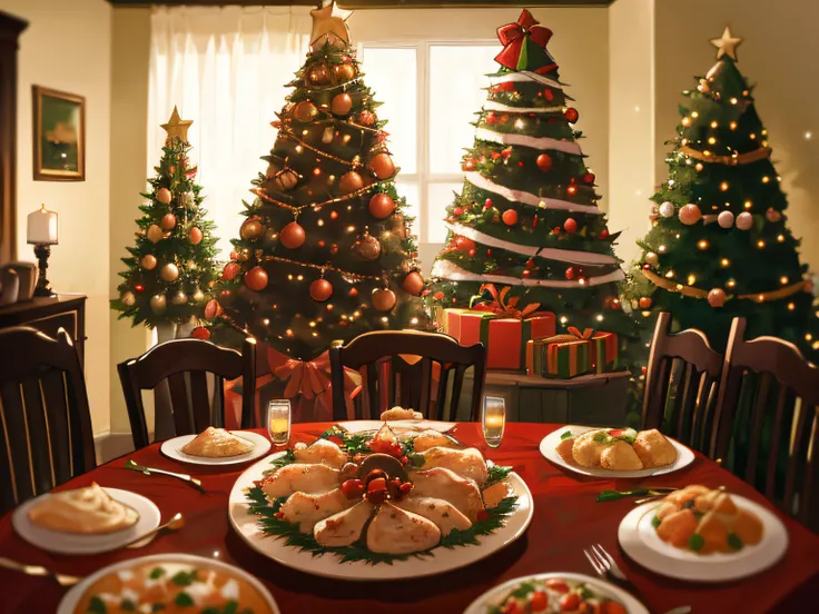 Christmas dinner for a family of five, Including chicken々Cuisine, Lively, Christmas Decorations: 1.3, Christmas cake, Christmas tree, Soft lighting, Volumetric Lights, Film grain, (masutepiece), (Best Quality), (ultra high detailed)