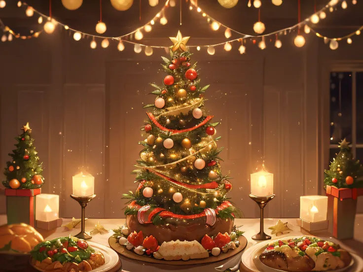 Christmas dinner for a family of five, Including chicken々Cuisine, Lively, Christmas Decorations: 1.3, Christmas cake, Christmas tree, Soft lighting, Volumetric Lights, Film grain, (masutepiece), (Best Quality), (ultra high detailed)