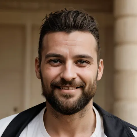 Un homme âgé avec une barbe et des cheveux blancs souriant et tandre avec beaucoup de sagesse