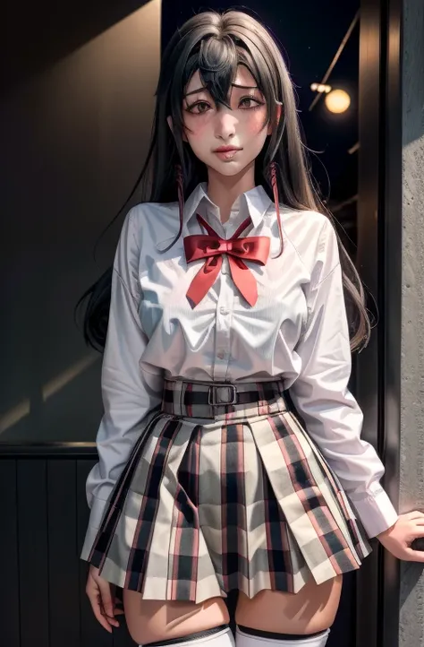 1 girl as yukino yukinoshita, absurdres, highres, solo, school uniform, big breasts, waist long black hair, (twintails:0.5), miniskirt, black thighhigh socks, loose red ribbon, unbuttoned white shirt, (ahegao:1.5), (rolling eyes:1.5), pov_doorway blush, lo...